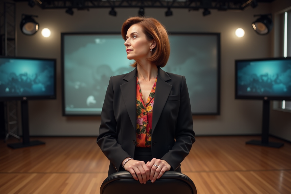 Femme élégante dans un studio télévisé moderne