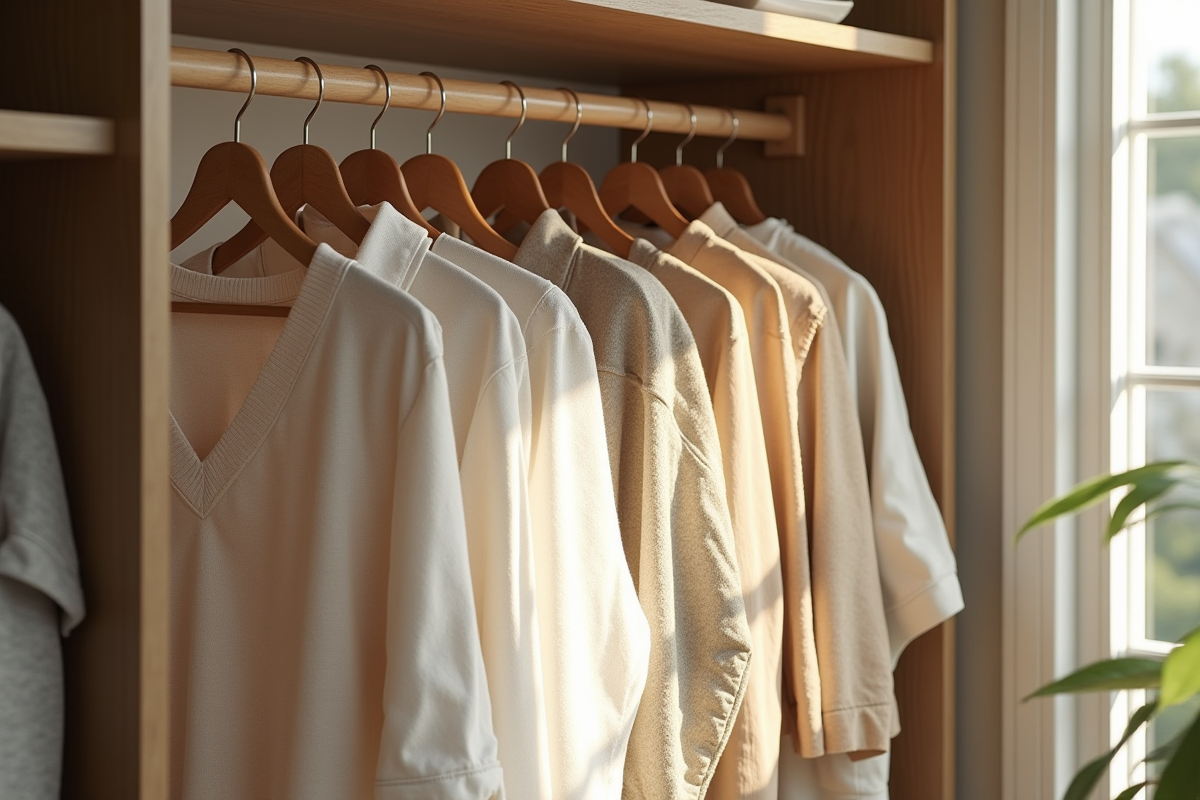 Armoire moderne avec vêtements en coton bio sur des cintres en bois