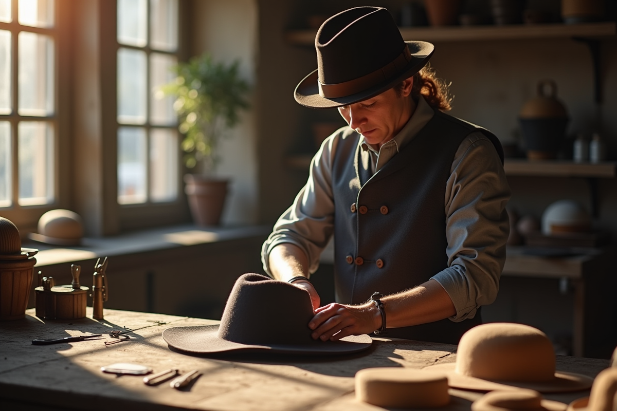 Couturier façonnant un chapeau en feutre dans un atelier lumineux