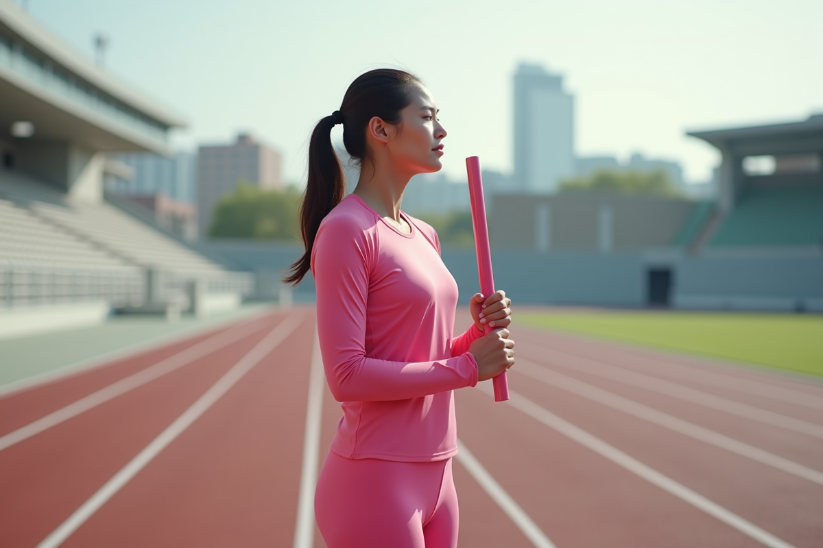 Athlète olympique féminine en tenue rose regardant au loin