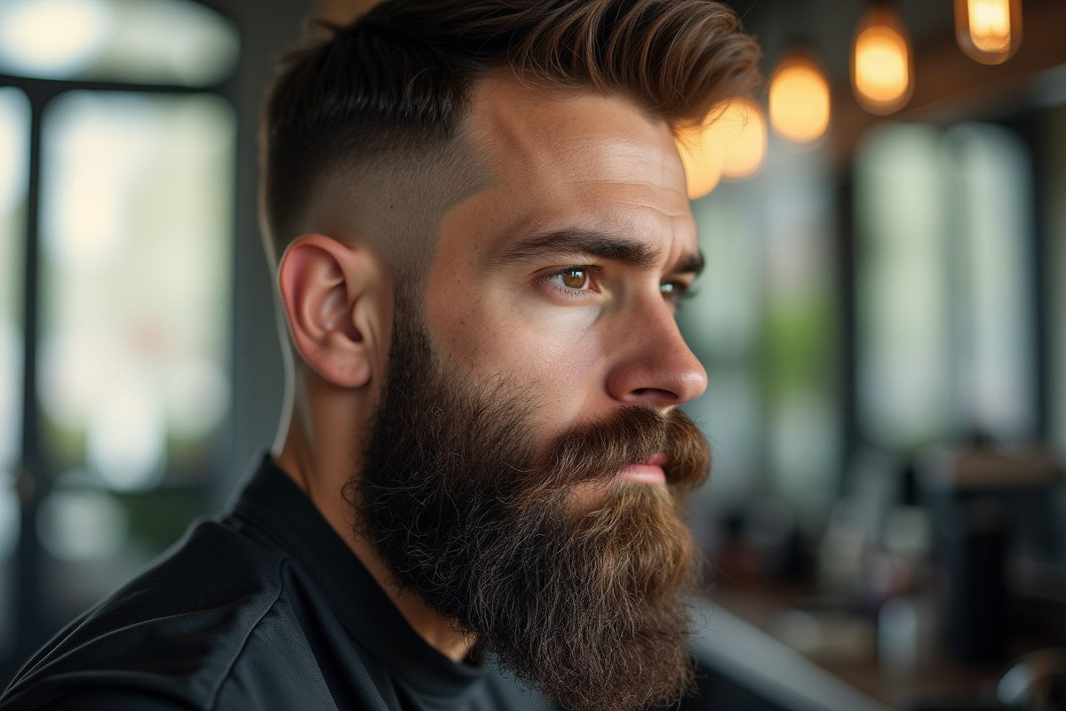 Homme barbu dans un salon de coiffure moderne en lumière naturelle
