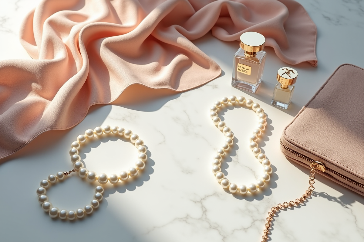 Assortiment de bijoux de perles avec accessoires de mode sur marbre