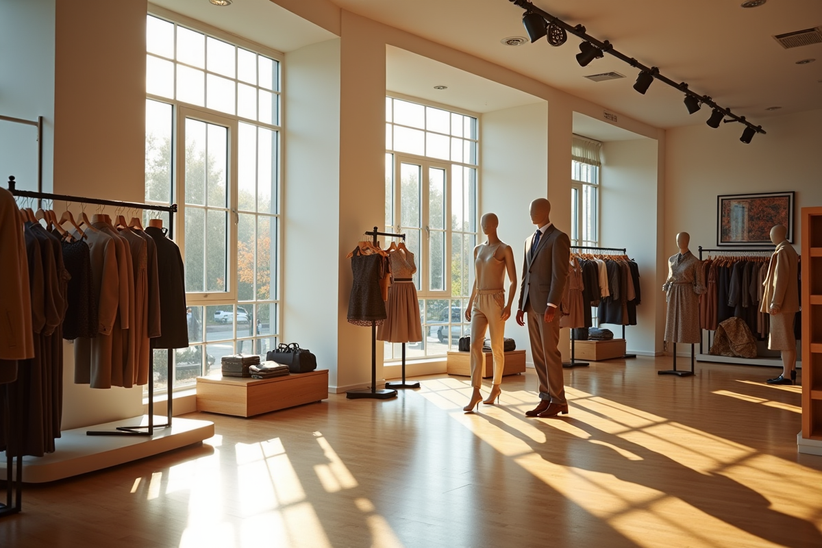 Vitrine moderne avec vêtements Chaps sur mannequins lumineux