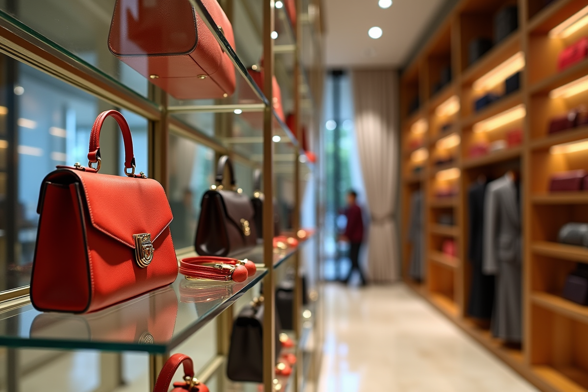 Vitrine de boutique haut de gamme avec sacs et accessoires