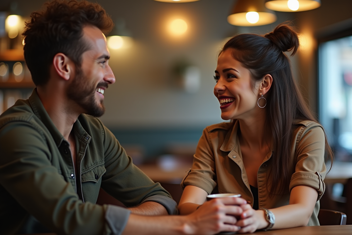 Couple élégant discutant dans un café avec maquillage sophistiqué