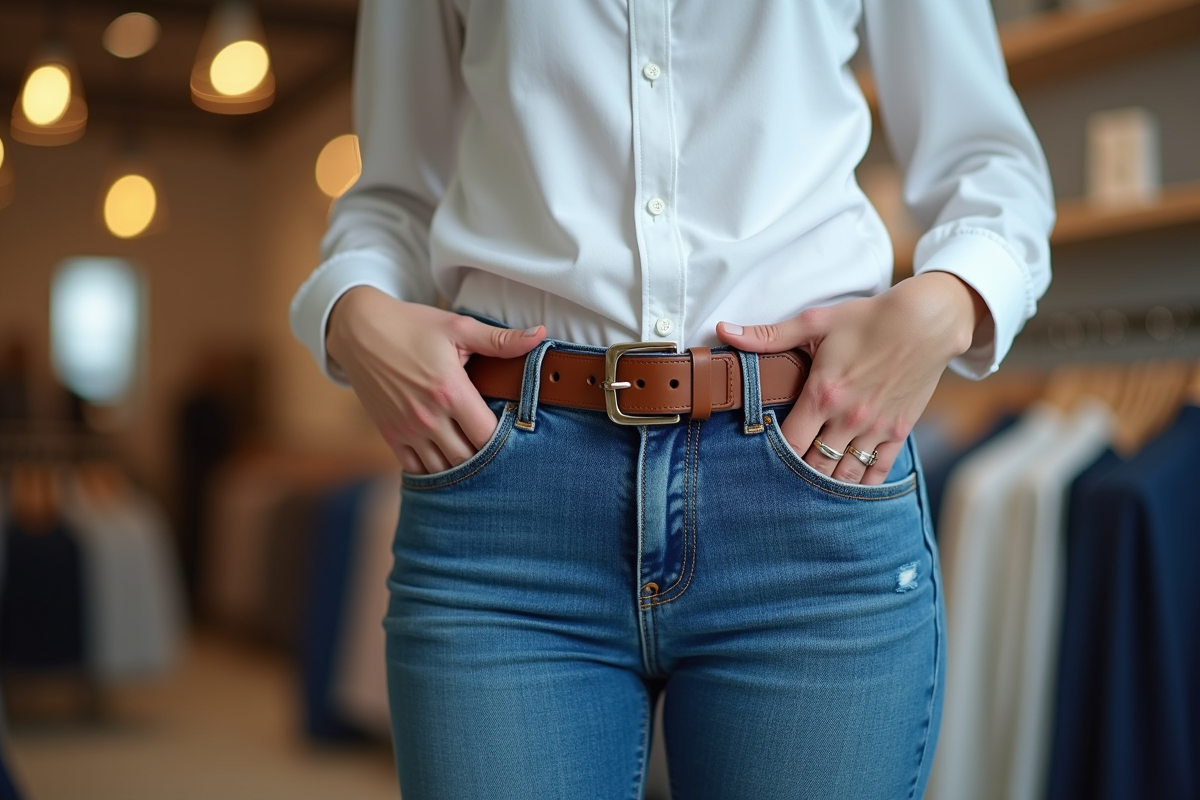 Personne ajustant une ceinture en cuir dans une boutique moderne