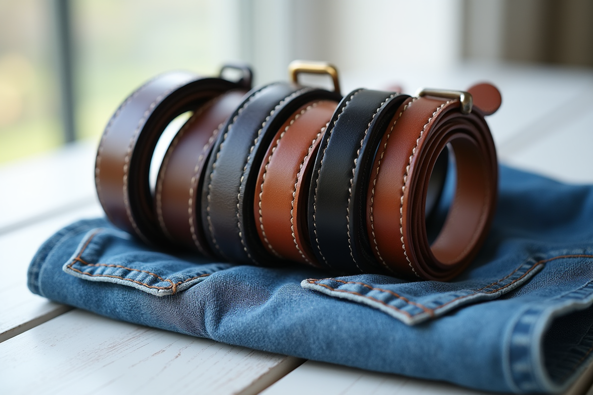 Sélection de ceintures en cuir sur jean en denim bleu