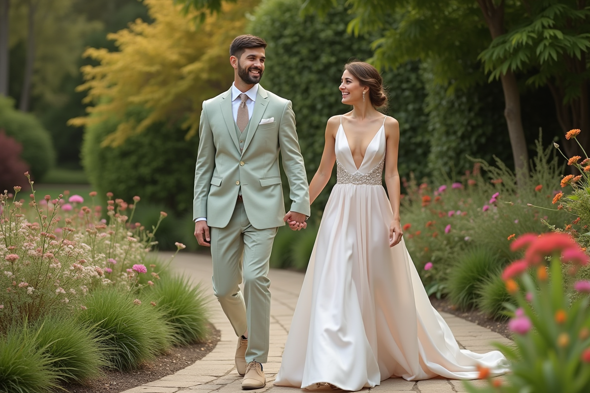 Couple souriant marchant dans un jardin lors d