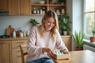 Femme souriante découvrant des échantillons de soins dans sa cuisine