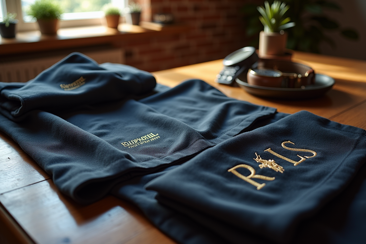 Zoom sur détails de vêtements Ralph Lauren sur une table en bois