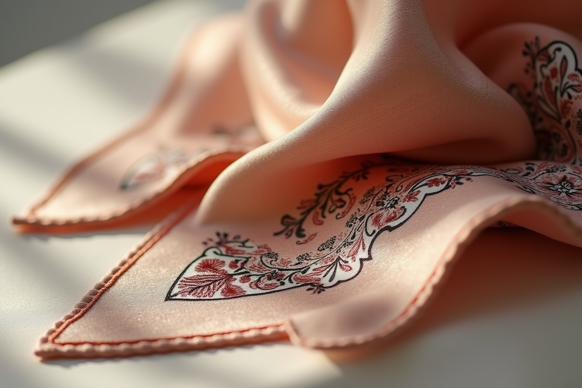 Zoom sur une echarpe en soie luxe avec motif détaillé