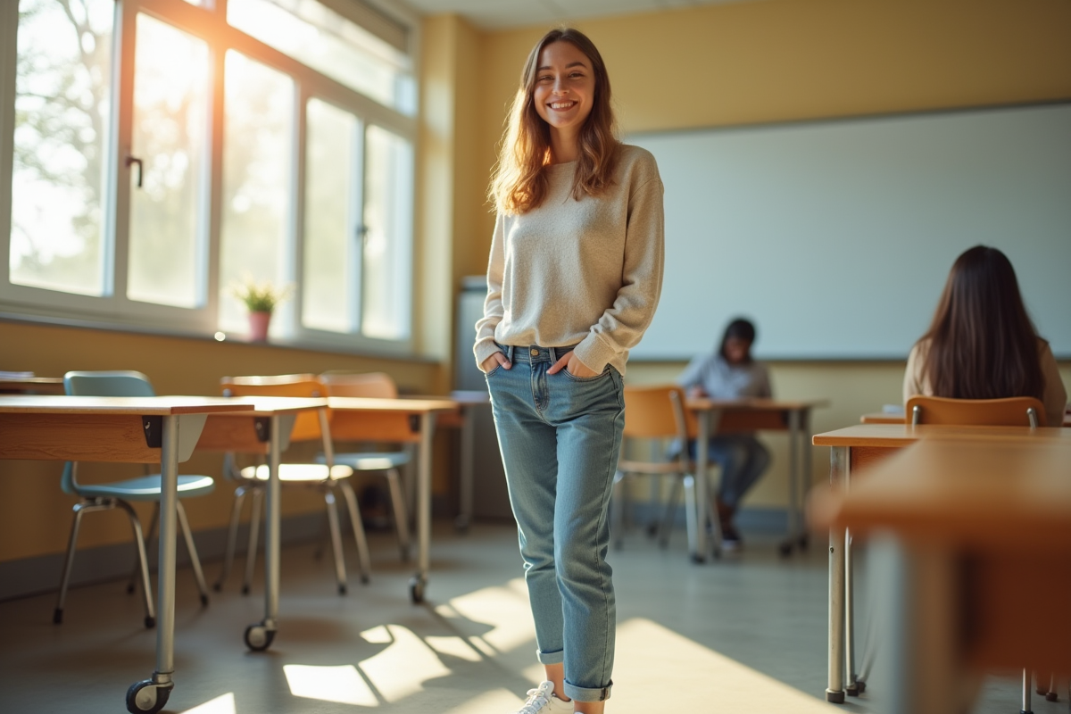 Étudiant souriant dans une salle de classe ensoleillée
