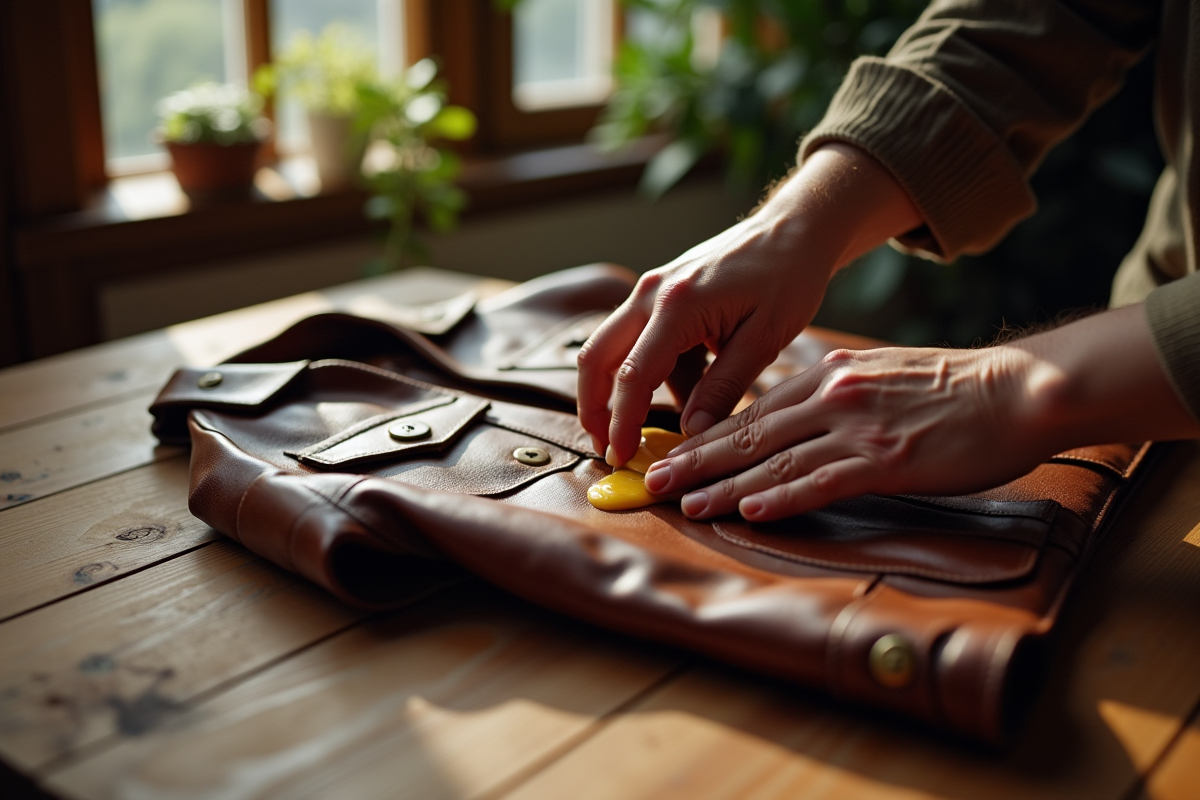 Main appliquant de la cire d'abeille sur un blouson en cuir vintage