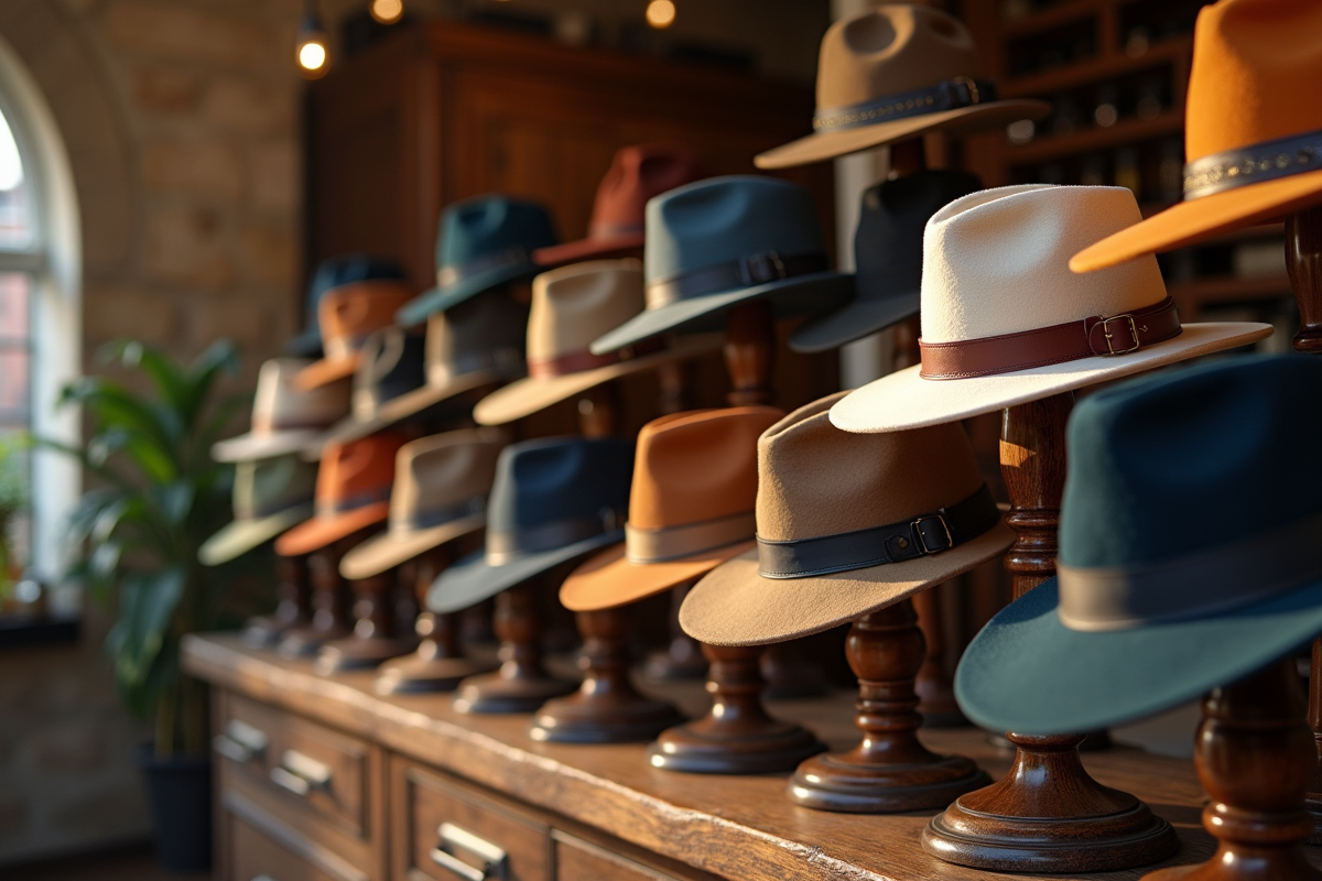 Vitrine avec chapeaux colorés dans une boutique ancienne