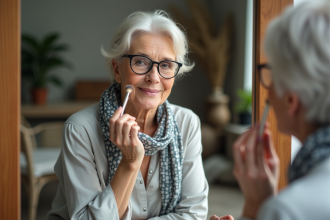 Femme élégante de 60 ans se maquillant devant un miroir