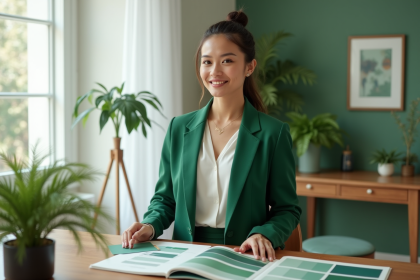 Femme en blazer vert dans un bureau moderne et lumineux