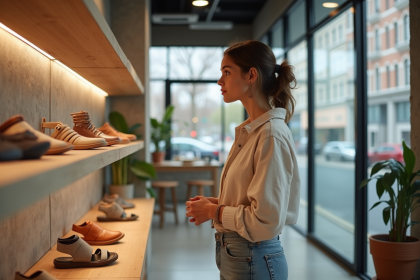 Femme en boutique de chaussures comparant des sandales élégantes