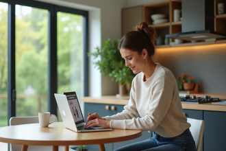 Femme en jeans et pull léger naviguant sur un site de mode à Luxembourg