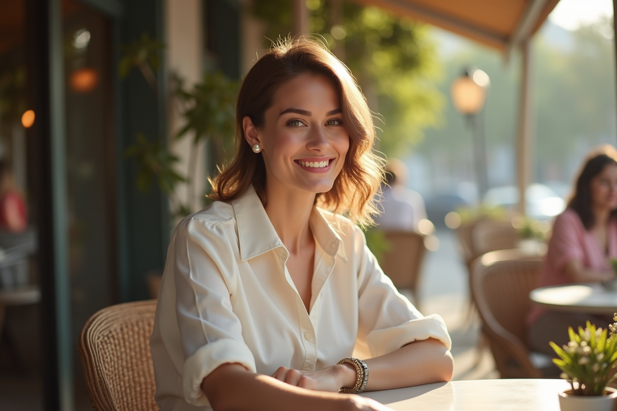 Femme assise au café en blouse chic et sourire naturel