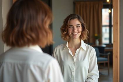 Femme admirant sa nouvelle coiffure dans un salon moderne