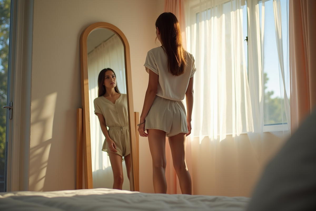 Jeune femme confiante essayant une tenue dans un miroir lumineux
