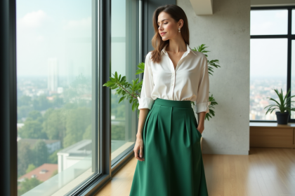 Femme élégante en blanc et vert Pantone 2025