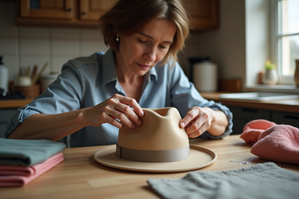 Femme posant une bande de taille pour fedora beige