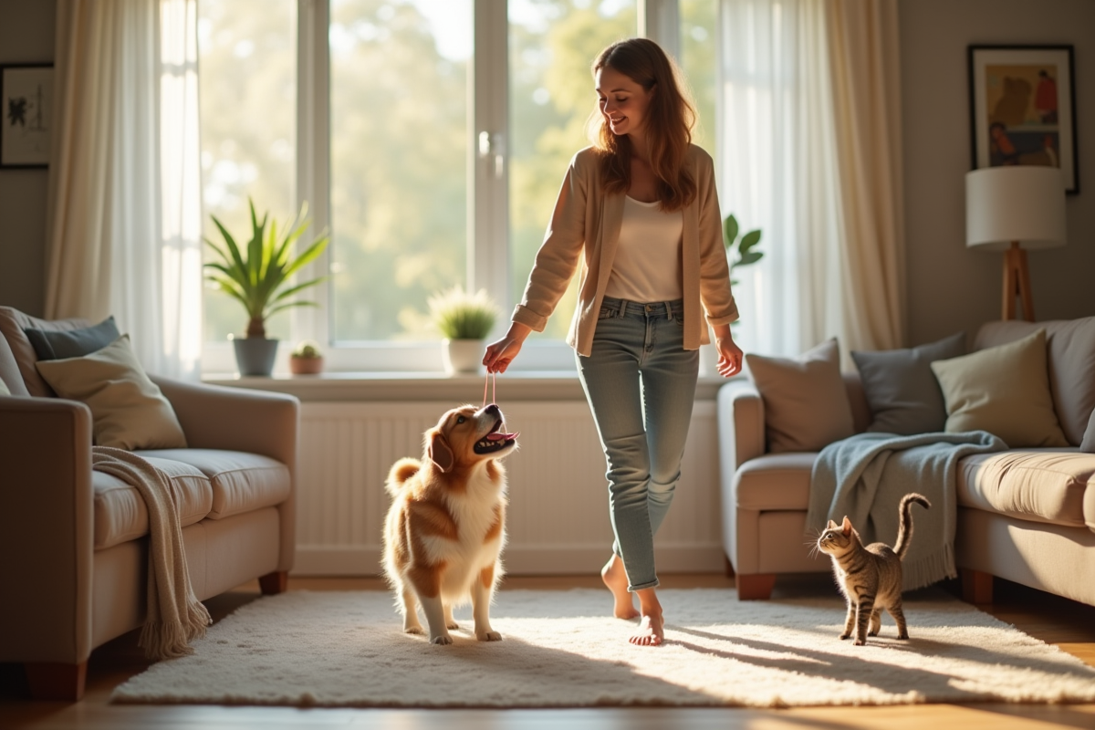 Femme heureuse avec chien et chat dans un salon lumineux