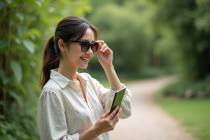 Femme souriante essayant des lunettes dans un parc botanique