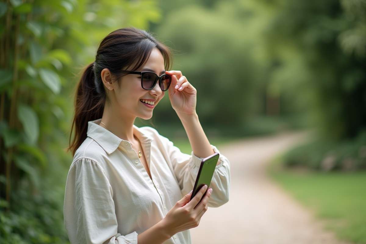 Femme souriante essayant des lunettes dans un parc botanique
