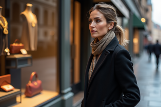 Femme élégante regardant une vitrine de luxe en ville