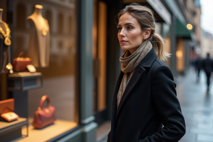 Femme élégante regardant une vitrine de luxe en ville