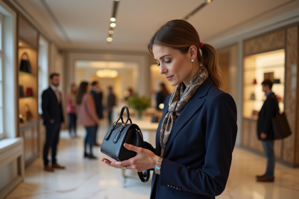 Femme &eacute;l&eacute;gante examine un sac de luxe dans une boutique raffin&eacute;e