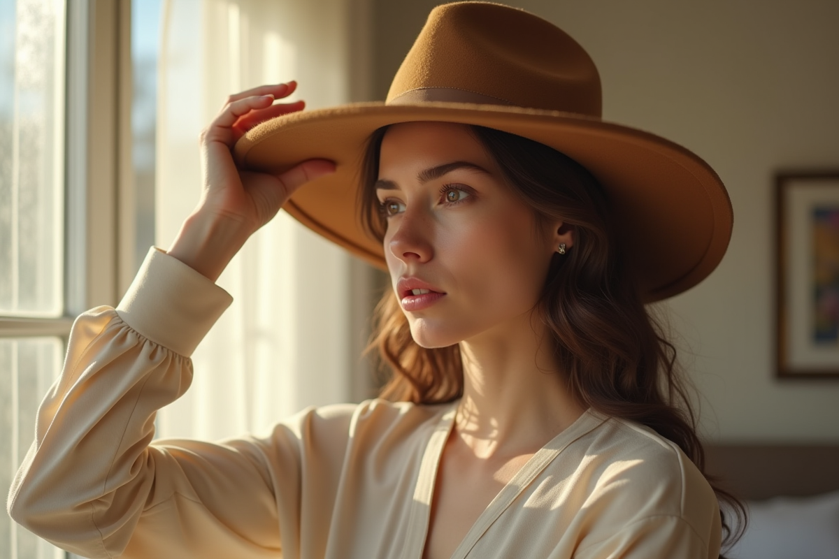 Femme essayant un grand chapeau dans une chambre lumineuse