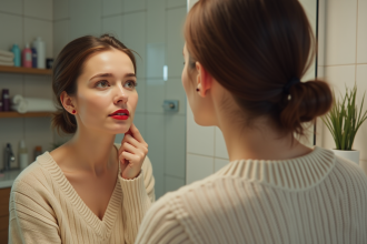 Femme regardant son reflet avec rouge à lèvres vif