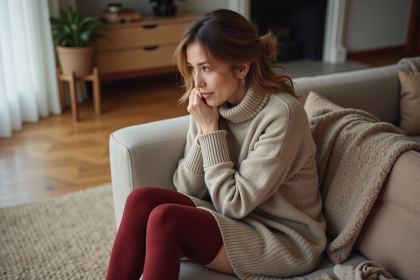 Femme en mode hiver assise sur un canap&eacute; moderne