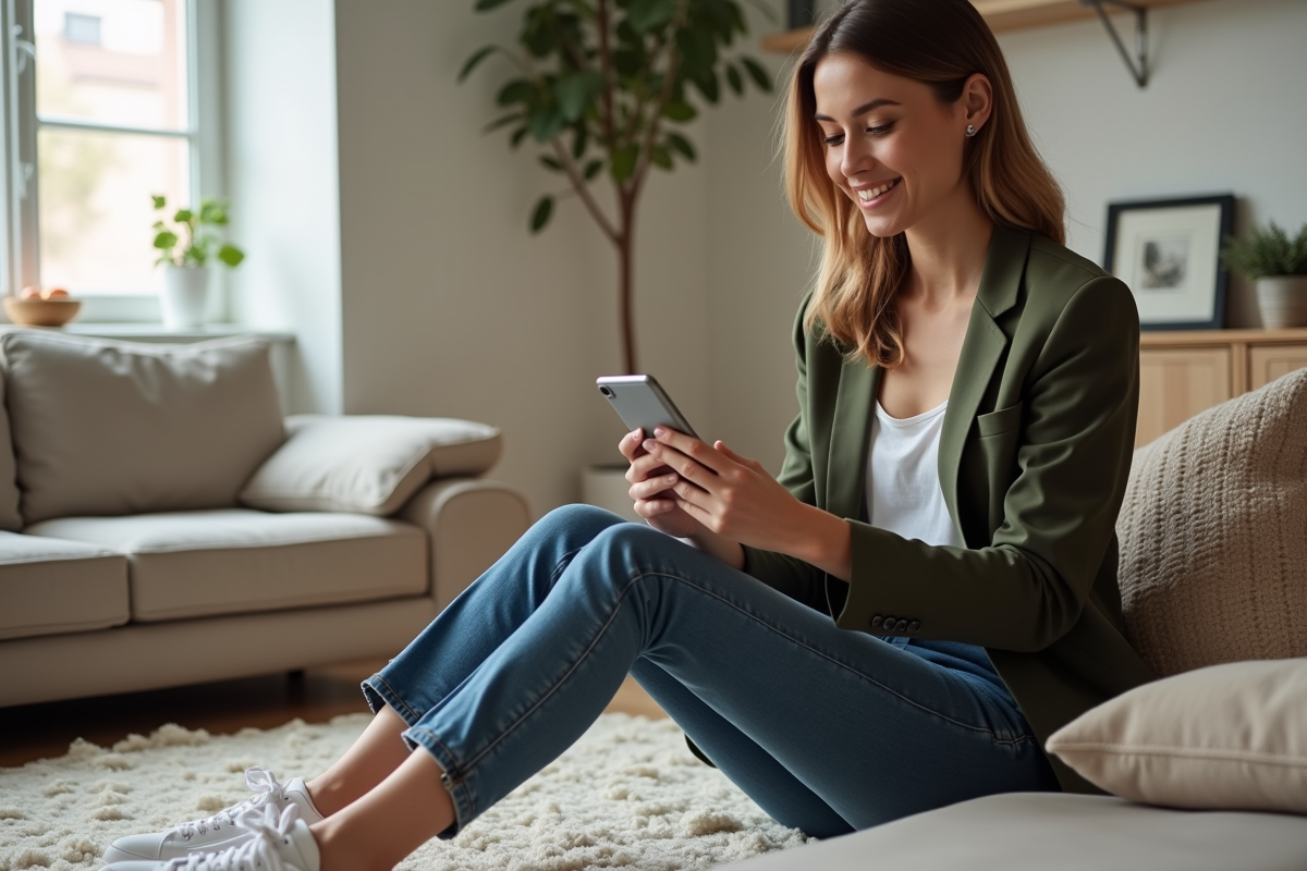 Femme élégante portant blazer et jeans dans un intérieur moderne