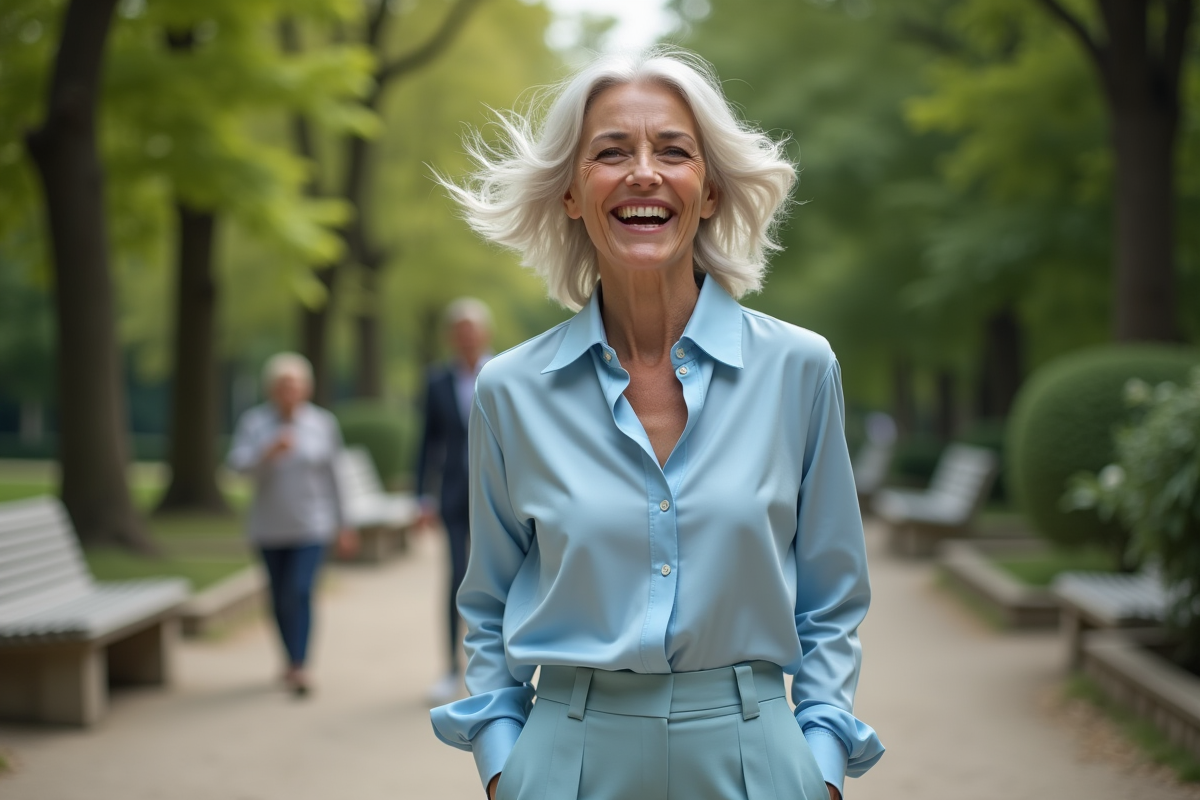Femme d’un sixties en balade dans un parc parisien dynamique