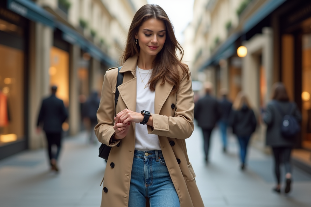Jeune femme influenceuse se promenant dans une rue chic de Paris