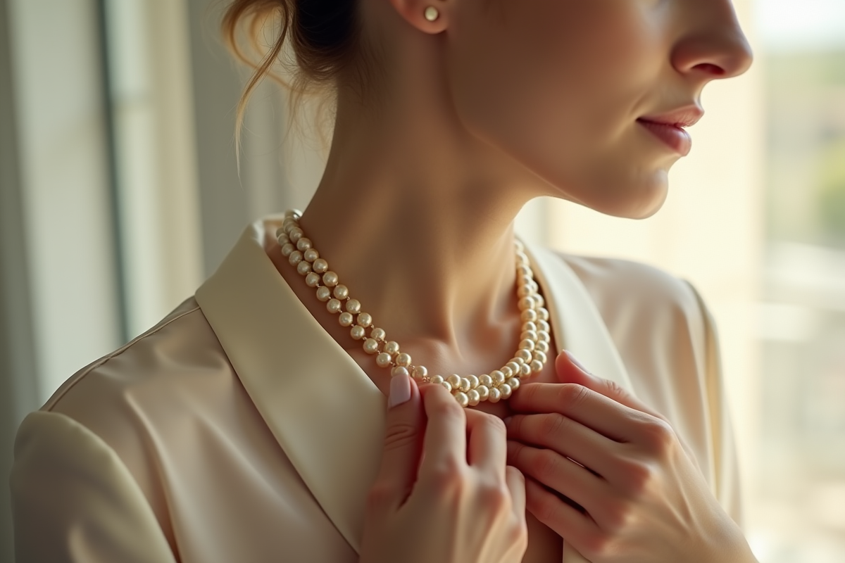 Femme élégante portant un collier de perles dans la lumière naturelle