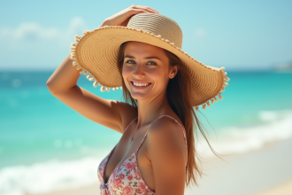Jeune femme souriante sur la plage en été avec chapeau