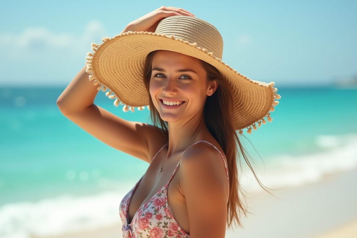 Jeune femme souriante sur la plage en été avec chapeau