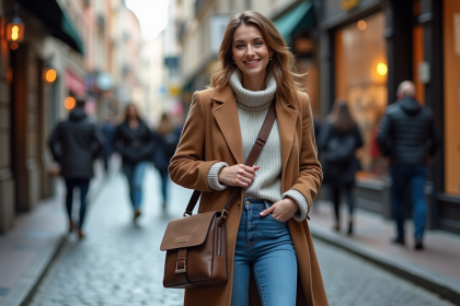 Femme marchant avec un sac &agrave; main moderne en ville