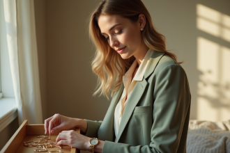 Femme en blazer sagegreen choisissant accessoires dans une chambre lumineuse