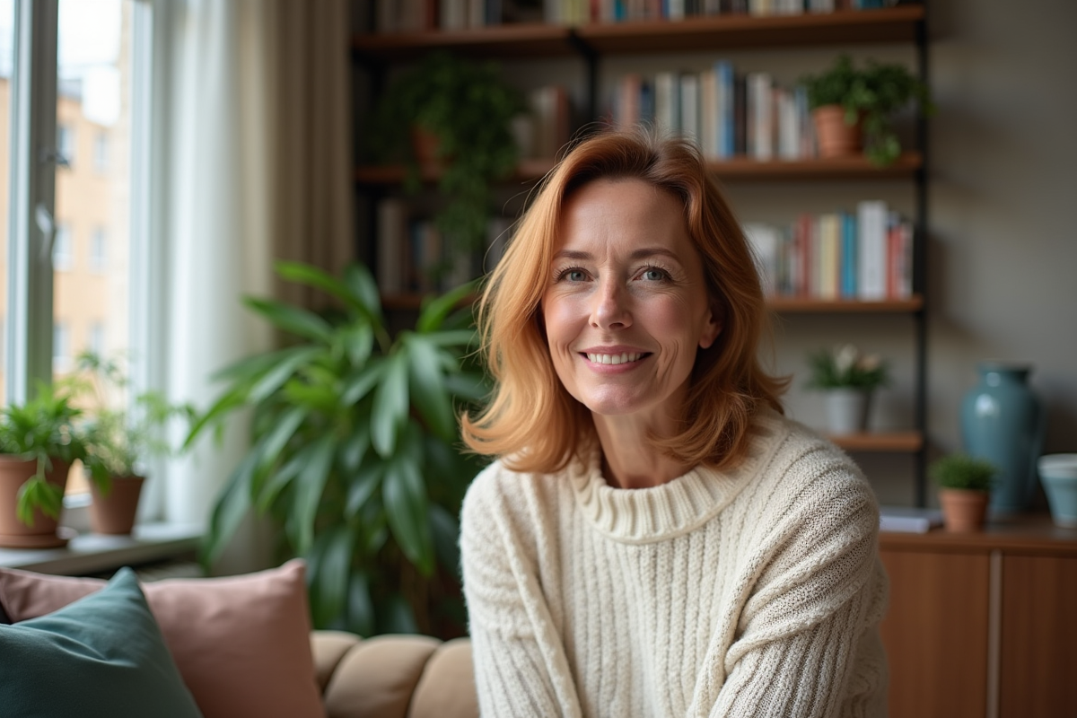 Femme senior souriante aux cheveux caramel dans un salon chaleureux