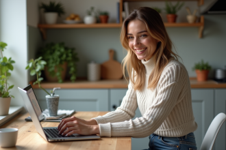 Femme souriante utilisant un ordinateur dans une cuisine cosy