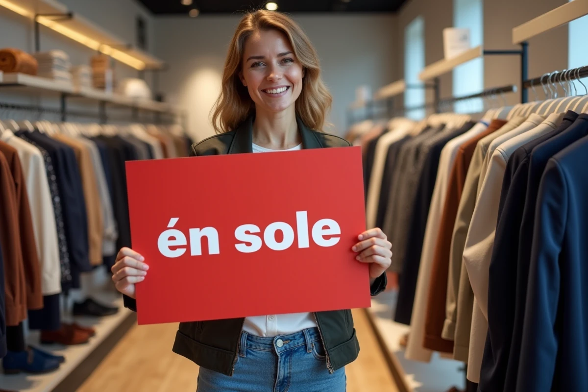 Femme souriante avec panneau en solde dans boutique moderne