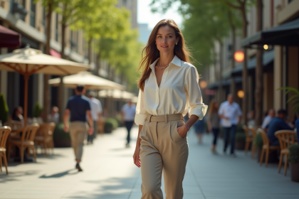 Femme &eacute;l&eacute;gante en pantalon large dans une rue urbaine