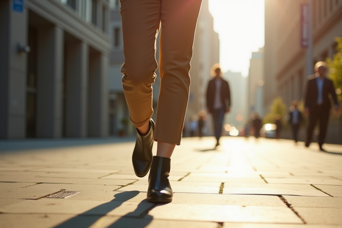 Femme marchant dans la ville avec des bottines tendance 2025