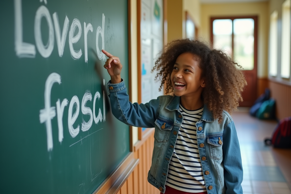 Fille de lycée riant devant un tableau d écriture inversée